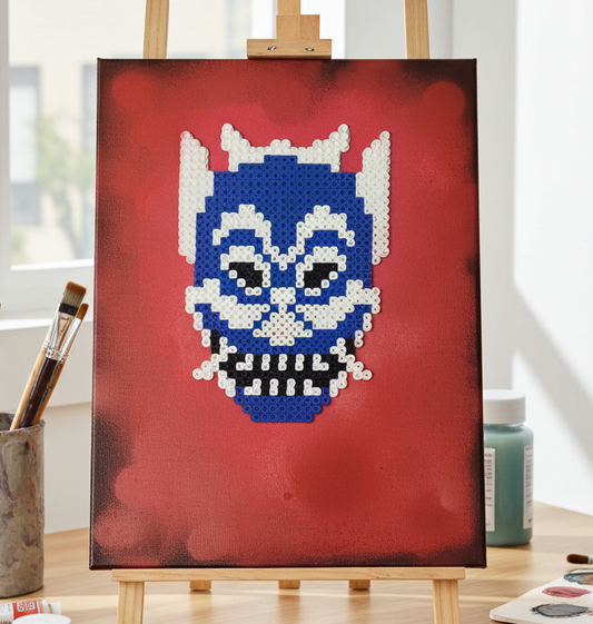 Artistic depiction of a mask on a red background with painting supplies on a table.