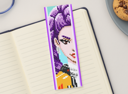 Pixel art bookmark with a character on a notebook next to glasses and cookies