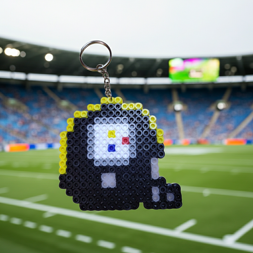 Pixelated keychain in the shape of a football helmet on a stadium background
